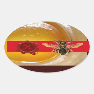 STICKER OVALE HONEY BEE RED WAX SEAL MONOGRAM, BEEKEEPER