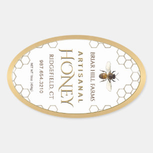 Sticker Ovale Honey Label with honeycomb, bee and gold border