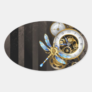 Sticker Ovale Horloge à vapeur avec libellule mécanique