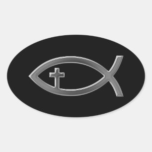 Sticker Ovale Ichthus - Symbole chrétien du poisson avec Crucifi