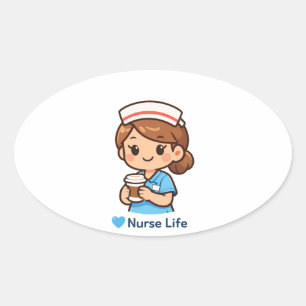 Sticker Ovale Illustration de café Vie d'infirmière mignonne A