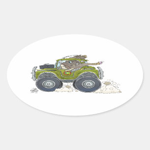 Sticker Ovale Illustration d'un éléphant conduisant une jeep.