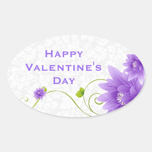 Sticker Ovale Illustration Florale Violette Blanche Et Verte (Devant)