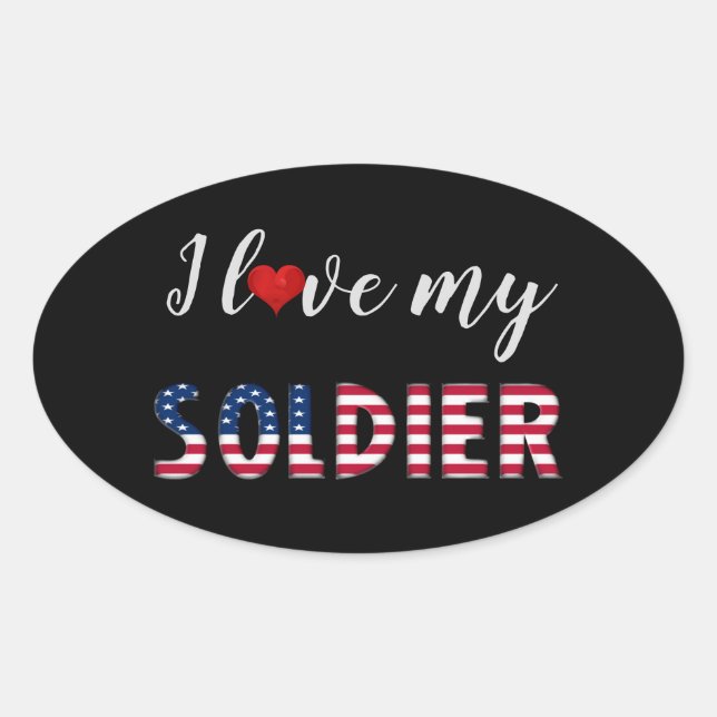 Sticker Ovale J'aime mon soldat, Coeur American Flag Typographie (Devant)