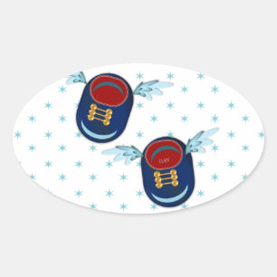Sticker Ovale Jolies petites chaussures volantes ailées en bleu 