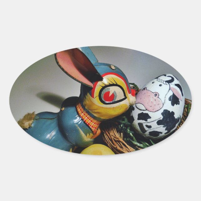 Sticker Ovale Jouet lapin et oeuf de vache (Devant)