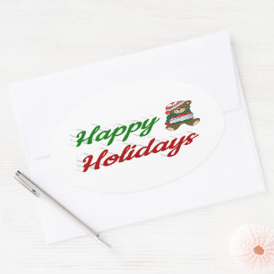 Sticker Ovale Joyeuses fêtes Teddy Bear script de Noël