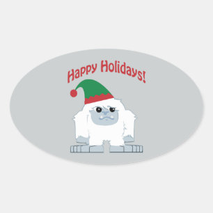 Sticker Ovale Joyeuses fêtes ! Yeti de Noël