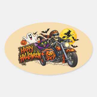 Sticker Ovale Joyeux Halloween moto squelette motard effrayant