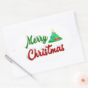 Sticker Ovale Joyeux Noël Arbre rouge vert script