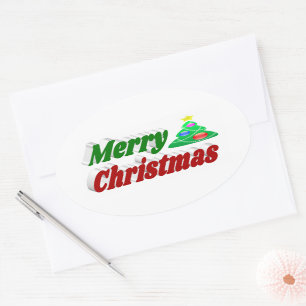 Sticker Ovale Joyeux Noël Arbre rouge vert typographie