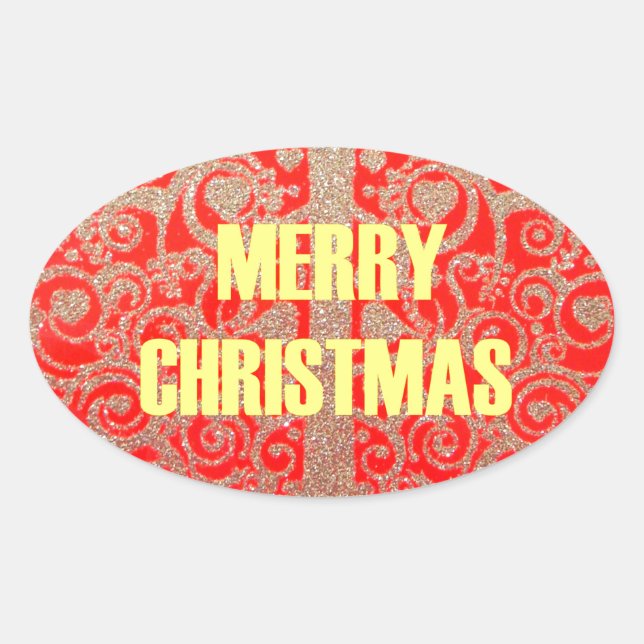 Sticker Ovale Joyeux Noël Golden Red Parties scintillant Hearts  (Devant)