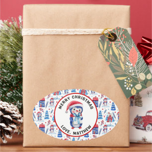 Sticker Ovale Joyeux Noël & Nom sur 4 Motif de pingouin