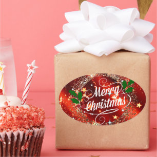 Sticker Ovale Joyeux Noël, Parkling Red et Gold Design