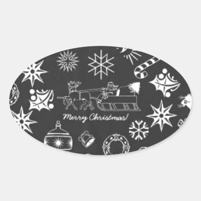 Sticker Ovale Joyeux Noël Père Noël Symboles, noir et blanc (Devant)