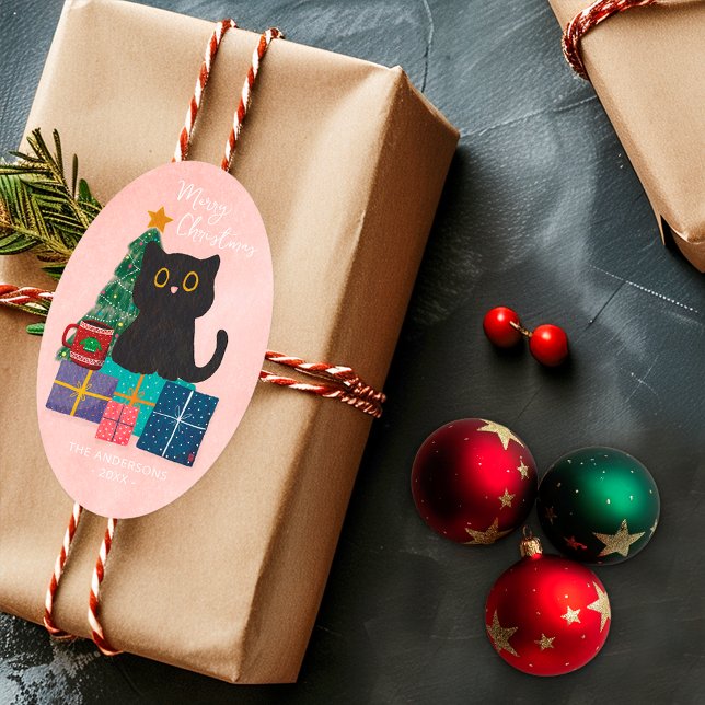 Sticker Ovale Joyeux Noël rose mignon Chat Noir Arbre de Noël (Créateur téléchargé)