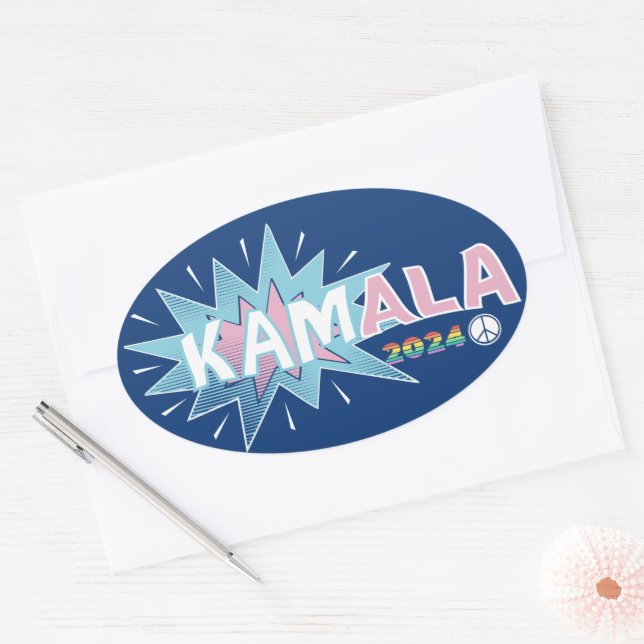 STICKER OVALE KAMALA COMIC MADAM PRÉSIDENT KAMALA HARRIS 2024 (Enveloppe)