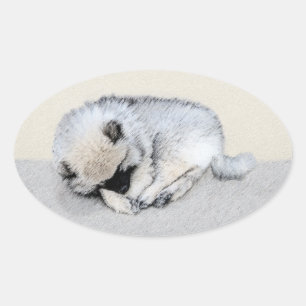 Sticker Ovale Keeshond Sleeping Puppy Peinture Chien Art origina