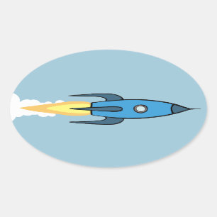 Sticker Ovale Kids Blue Rocket Ship Outer Space Boy Jolie Modern