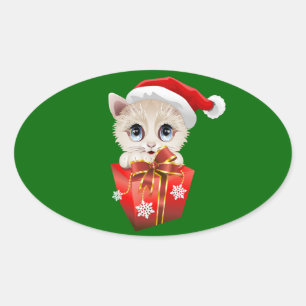 Sticker Ovale Kitten Noël Père Noël avec cadeau