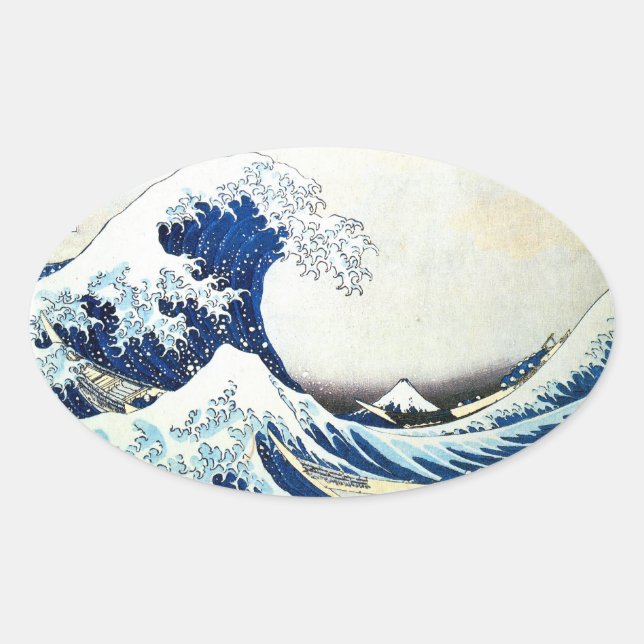 Sticker Ovale "La Grande Vague" Peinture japonaise par Hokusai (Devant)