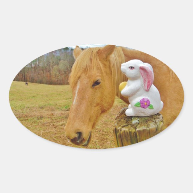 Sticker Ovale Lapin blanc et cheval jaune blond (Devant)