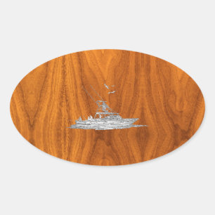 Sticker Ovale Le chrome aiment le bateau de pêche sur le bois d
