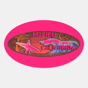 Sticker Ovale Le surfer rose de Malibu la Californie ondule des