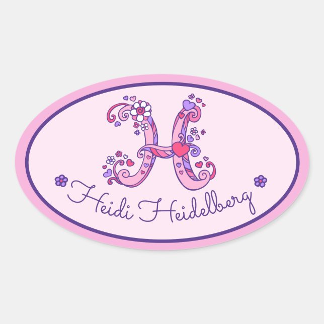 Sticker Ovale Lettre H monogramme personnalisé filles nom rose a (Devant)