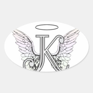 Sticker Ovale Lettre K Monogramme initial avec ailes angéliques 
