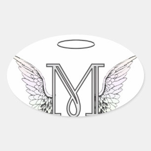 Sticker Ovale Lettre M Monogramme initial avec ailes angéliques 