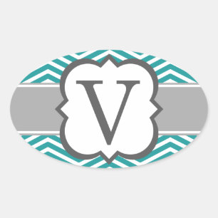 Sticker Ovale LETTRE Turquoise MONOGRAPHIQUE BLANCHE V Chevron