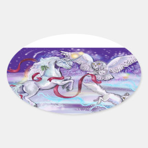 Sticker Ovale Licorne magique d'hiver