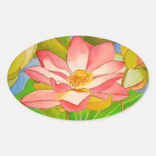 Sticker Ovale Lotus rose nénuphar aquarelle peinture