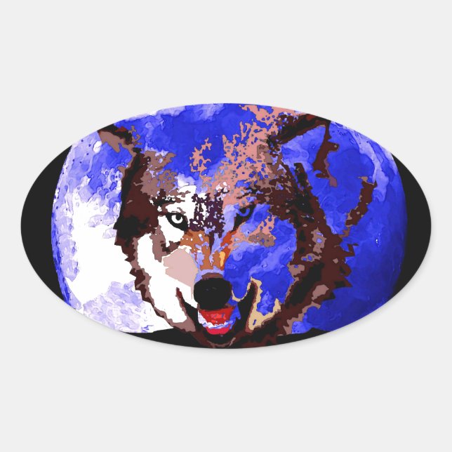 Sticker Ovale Loup et Pleine lune (Devant)