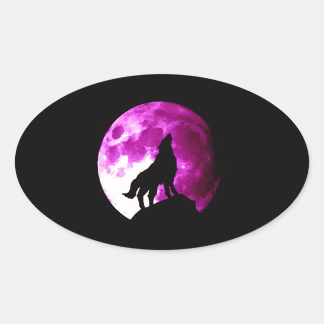 Sticker Ovale Loup hurlant à l'autocollant ovale de la lune (Devant)