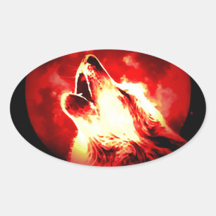 Sticker Ovale Loup, lune et ciel rouge
