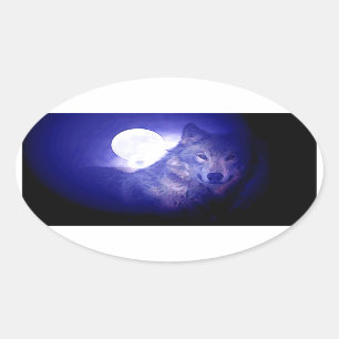 Sticker Ovale Loup, Lune et Nuit Bleue