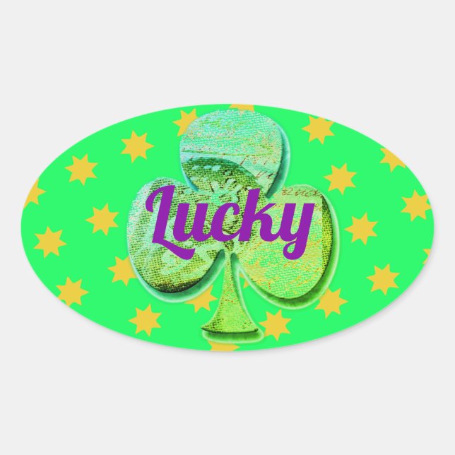 Sticker Ovale Lucky vert feuille de trèfle (Devant)
