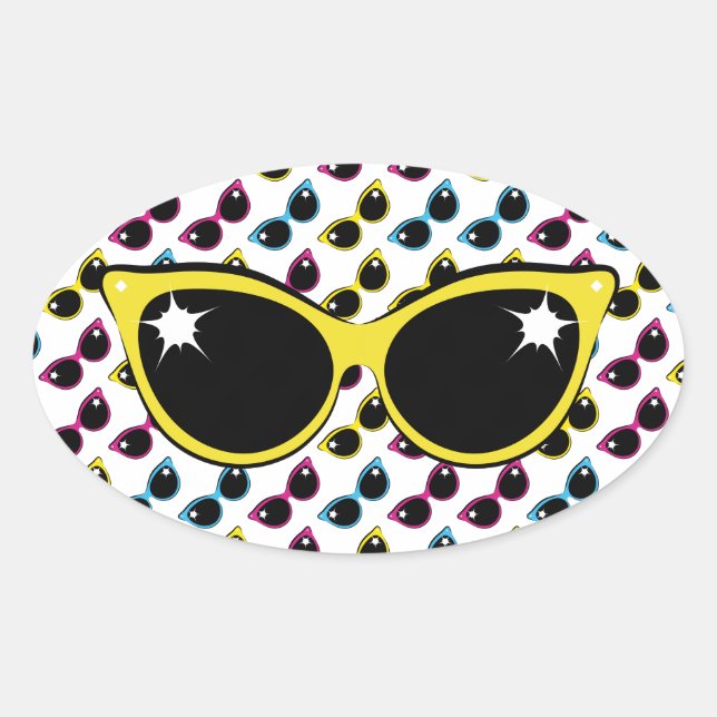 Sticker Ovale Lunettes de soleil de chat Retro Motif avec Jaune (Devant)