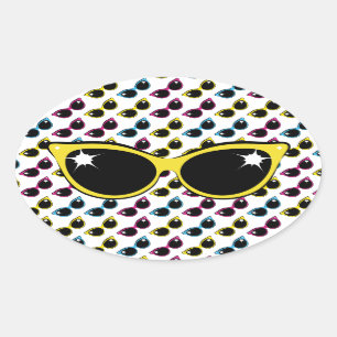 Sticker Ovale Lunettes de soleil de chat Retro Motif avec Jaune