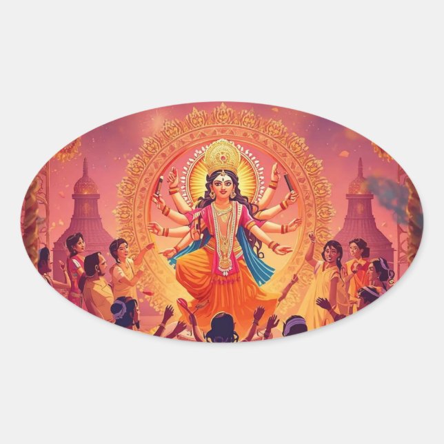 Sticker Ovale Maa Durga - Le coeur des célébrations de Dussehra (Devant)