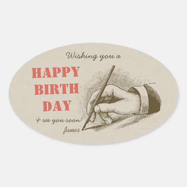 Sticker Ovale Main masculine de rétro anniversaire tenant un (Devant)
