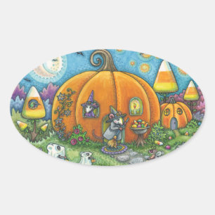 STICKER OVALE MAISON DE SOURIS, TRICK OU TRAITEMENT BALLES HALLO