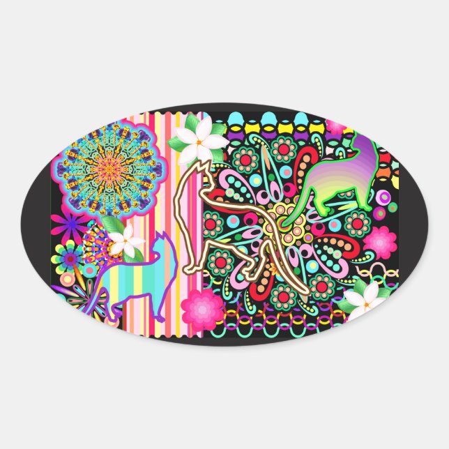 Sticker Ovale Mandalas, Chats et Fleurs Motif Imaginaire (Devant)