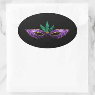 Sticker Ovale Mardi Gras Masque violet vert or étincelles noir