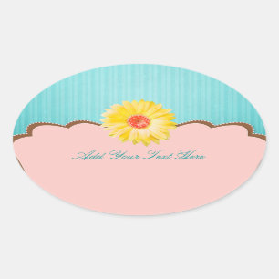 Sticker Ovale Marguerite jaune sur rose et Teal personnalisables