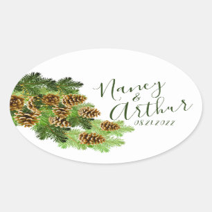 Sticker Ovale Mariage des cônes de pin d'hiver