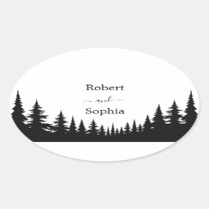Sticker Ovale Mariage d'hiver aux pins noirs et blancs