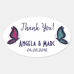 Sticker Ovale Mariage du couple papillon merci nom date